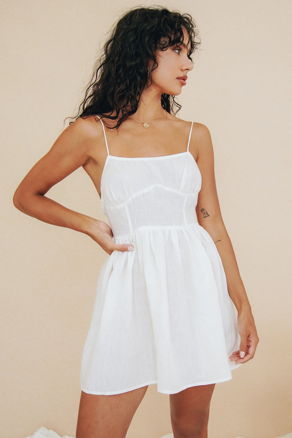 VRG GRL Runaway Linen Mini Dress // Cream